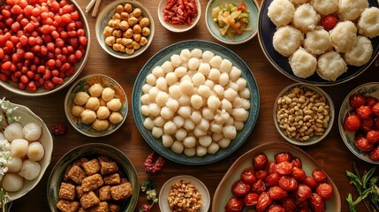 A variety of traditional Chinese New Year snacks arranged on a wooden table.