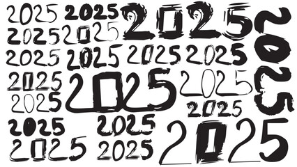 Collection of ink grunge numbers 2025 for decoration, 2025 made with brush, design elements for greeting card and invitation, collection of logo different numbers design banner, New Year concept