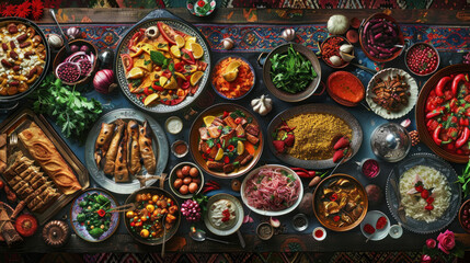 A beautifully photographed spread of traditional heritage dishes from around the world, showcasing vibrant colors and intricate presentation.