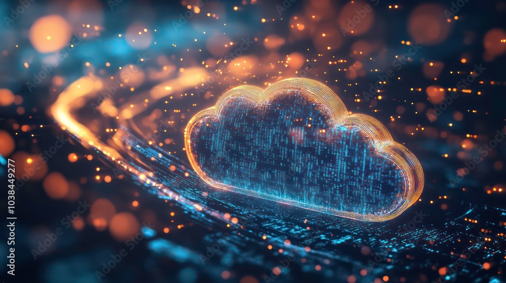 Poster a glowing cloud computing icon with data flowing through it, representing data storage and transfer.