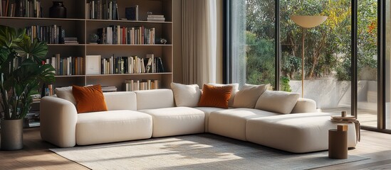 White sectional sofa with orange throw pillows in a modern living room with large windows and a bookshelf.
