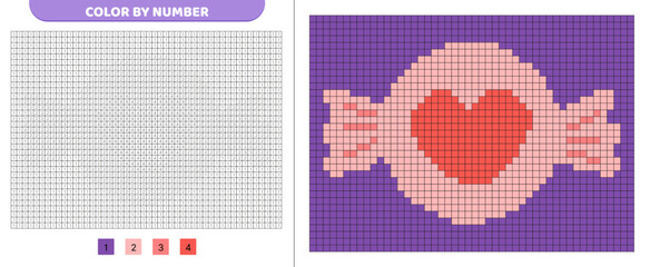 Color by number. Pink candy with heart. Pixel coloring book. Numbered squares. Game for kids.