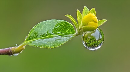 Glistening Water Droplet on Vibrant Green Leaf in Nature Macro Photography
