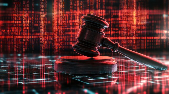 A gavel on a digital background with red binary code.