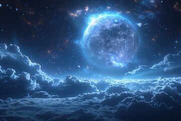A luminous moon shines over a sea of clouds in a starry night sky.
