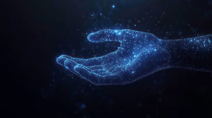 A glowing blue hand made of particles, outstretched with palm facing up, against a dark background.