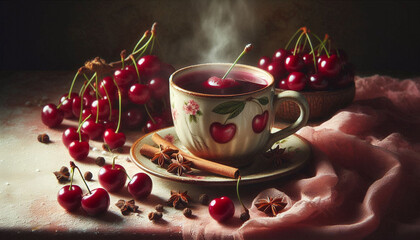 A close-up still life of a steaming cup of mulled cider and a cherry on a decorative surface, surrounded by cherry-colored fabric, slices, and cloves, in soft, natural lighting.
