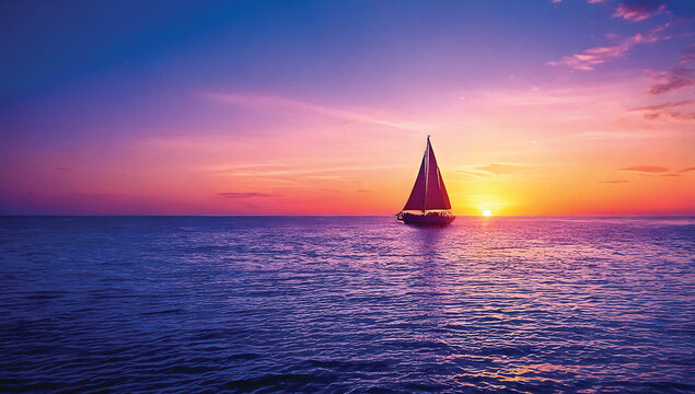 Panorama of the blue ocean with reflections of the sun. Vast sea ripples and calm sea with beautiful sunshine and sunset and sailboats