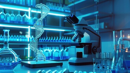 Fototapeta premium Microscope and DNA Model in a Modern Laboratory
