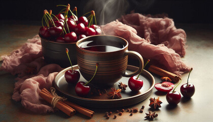 A close-up still life of a steaming cup of mulled cider and a cherry on a decorative surface, surrounded by cherry-colored fabric, slices, and cloves, in soft, natural lighting.