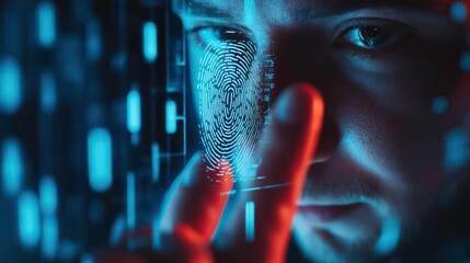A man's finger scans a fingerprint on a digital screen.