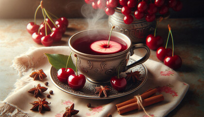 A close-up still life of a steaming cup of mulled cider and a cherry on a decorative surface, surrounded by cherry-colored fabric, slices, and cloves, in soft, natural lighting.