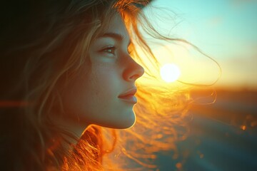 Blond woman with long hair blowing in the wind at sunset
