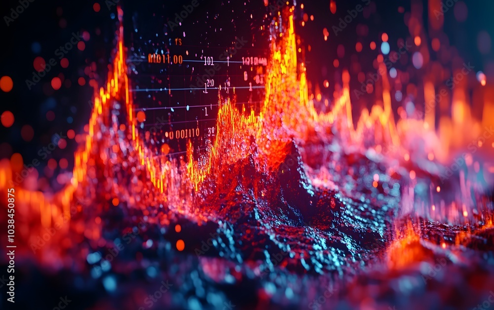 Poster abstract representation of data visualization with vibrant peaks and digital elements.