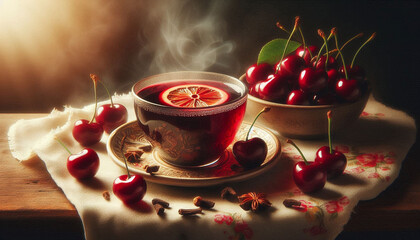 A close-up still life of a steaming cup of mulled cider and a cherry on a decorative surface, surrounded by cherry-colored fabric, slices, and cloves, in soft, natural lighting.