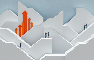 Fototapeta premium Business people walking up on massive white stairs. Abstract environment representing career, success in business, start up, professional perspectives. 3D rendering