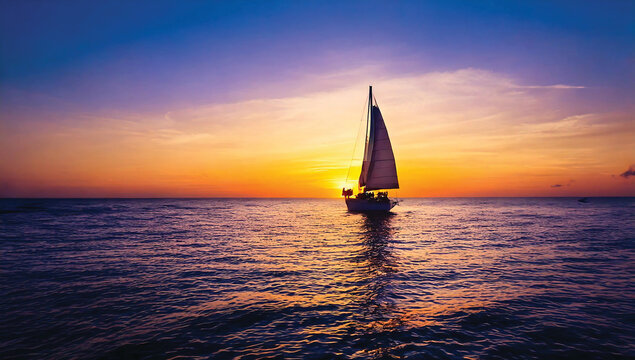 Panorama of the blue ocean with reflections of the sun. Vast sea ripples and calm sea with beautiful sunshine and sunset and sailboats - Powered by Adobe