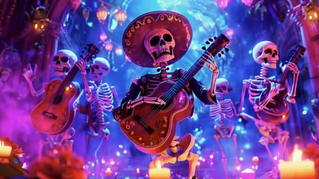 ethereal underworld, skeleton mariachi band plays upbeat tunes spirits float, swaying music. mystical portals, skull-adorned, vivid patterns glowing neon sugar skulls, 4k High-Quality Animation Video