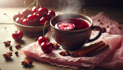 A close-up still life of a steaming cup of mulled cider and a cherry on a decorative surface, surrounded by cherry-colored fabric, slices, and cloves, in soft, natural lighting.