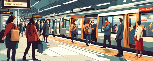 Busy subway station with commuters and trains