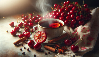 A close-up still life of a steaming cup of mulled cider and a cherry on a decorative surface, surrounded by cherry-colored fabric, slices, and cloves, in soft, natural lighting.