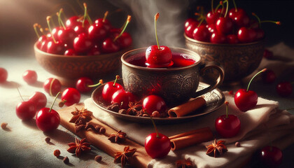 A close-up still life of a steaming cup of mulled cider and a cherry on a decorative surface, surrounded by cherry-colored fabric, slices, and cloves, in soft, natural lighting.