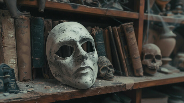 A close shot of a ghostly white mask lying on an old, dusty bookshelf filled with creepy knickknacks.