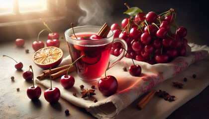 A close-up still life of a steaming cup of mulled cider and a cherry on a decorative surface, surrounded by cherry-colored fabric, slices, and cloves, in soft, natural lighting.