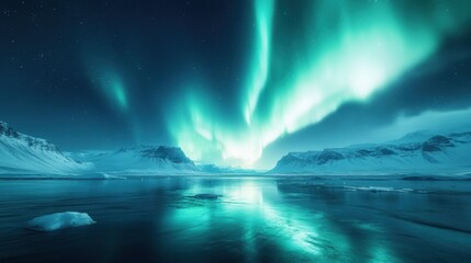 Naklejka premium A breathtaking landscape illuminated by vibrant auroras dancing across the night sky, with natural scenery bathed in colorful, ethereal light.