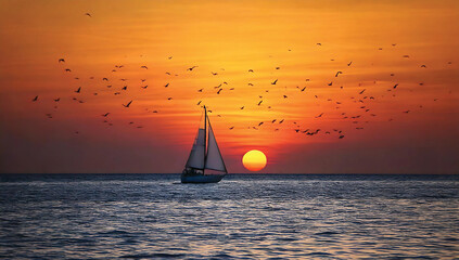 Panorama of the blue ocean with reflections of the sun. Vast ocean ripples and calm seas with beautiful sunshine and sunsets. Sailboats pass by and flocks of birds.