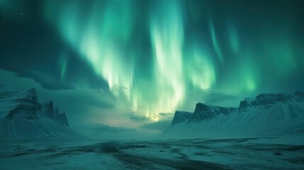 Naklejka premium A breathtaking landscape illuminated by vibrant auroras dancing across the night sky, with natural scenery bathed in colorful, ethereal light.