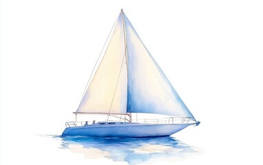 Fototapeta premium A serene watercolor painting of a sailboat with white sails gliding over calm blue waters, evoking a sense of tranquility and freedom.