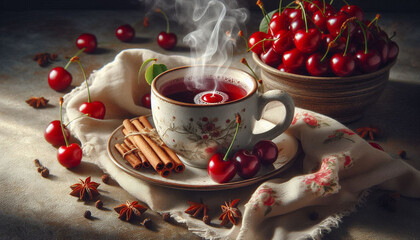 A close-up still life of a steaming cup of mulled cider and a cherry on a decorative surface, surrounded by cherry-colored fabric, slices, and cloves, in soft, natural lighting.