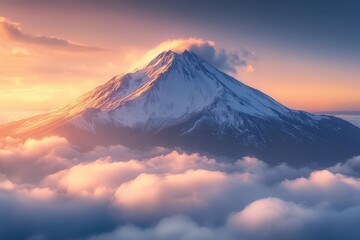 Fototapeta premium A Majestic Snowy Mountain Peak Rising Above Clouds at Sunset