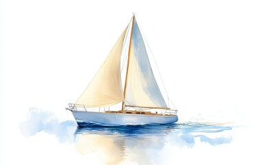 A serene watercolor painting of a sailboat gliding gracefully across calm waters, surrounded by soft hues and a peaceful atmosphere.
