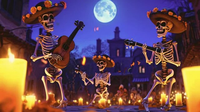 ethereal underworld, skeleton mariachi band plays upbeat tunes spirits float, swaying music. mystical portals, skull-adorned, vivid patterns glowing neon sugar skulls, 4k High-Quality Animation Video