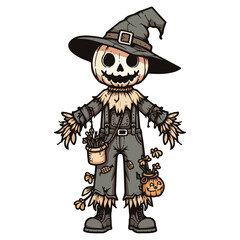 Happy Halloween Day horror scarecrow with pumpkin head spooky ghost, festival elements for decoration, prints. Cartoon scary evil character