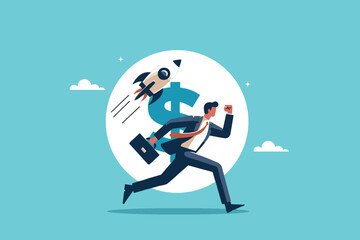 Rocket-Powered Businessman Racing Around the Circle of Wealth