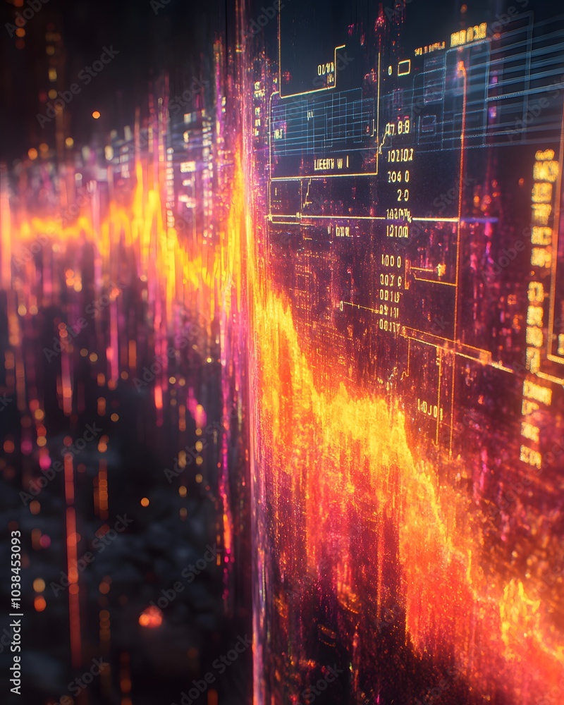 Poster abstract visualization of data represented as a glowing waveform on a digital interface.