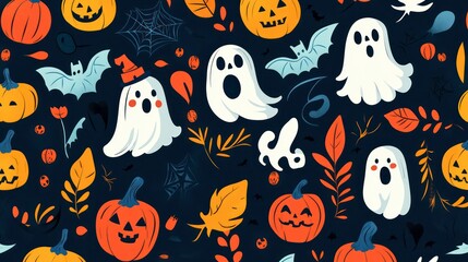 Obraz premium Seamless pattern with pumpkins, ghosts, bats, and autumn leaves on a dark blue background.