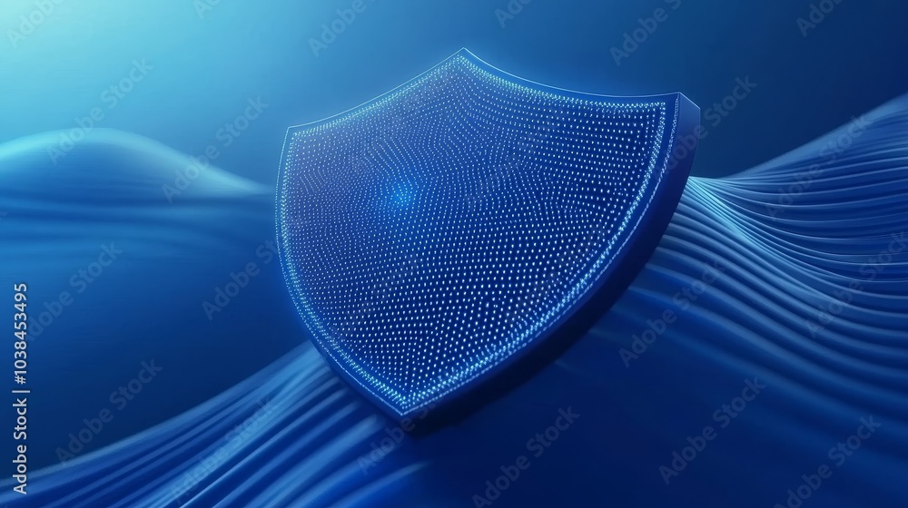 Poster shield symbol on a blue pixelated wavy background, representing big data protection and internet sec