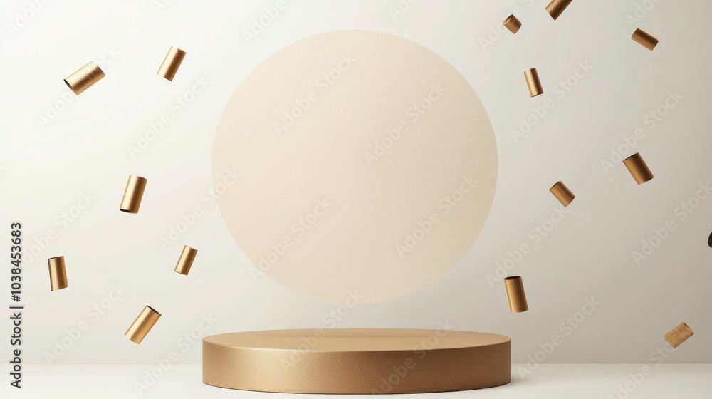 Poster abstract scene featuring a floating sphere and geometric shapes on a neutral background. perfect for