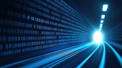 Abstract digital tunnel with binary code and light rays emanating from the end.