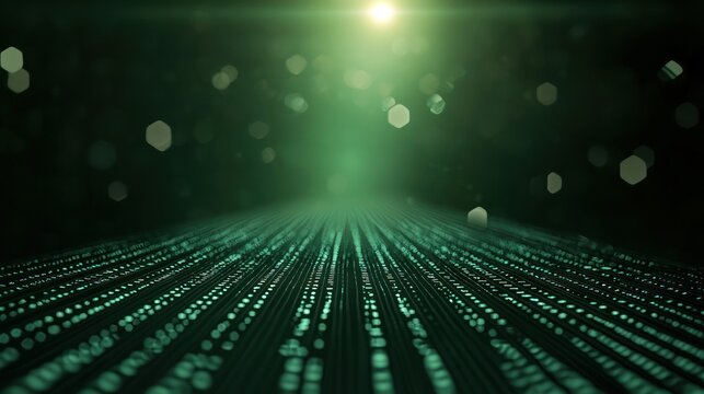 Abstract green data stream with glowing lights and binary code effect.