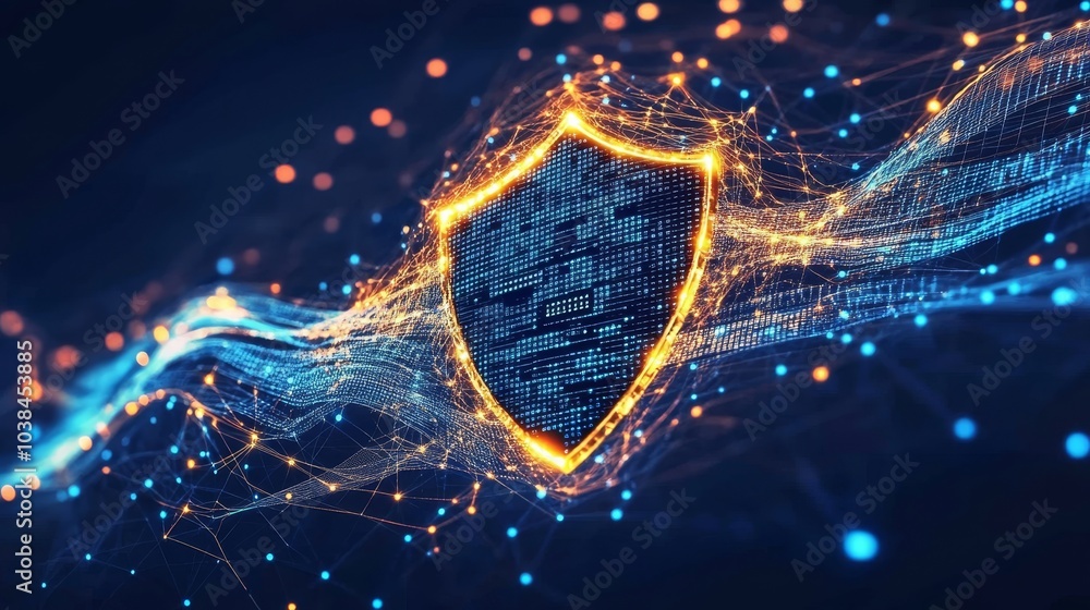 Poster shield symbol on a blue pixelated wavy background, representing big data protection and internet sec