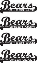 Bears Cheerleader Design With Banner is a modern take on a retro design. Includes 4 versions of Bears team name designs and text saying Cheer Life, Cheer Mom, Cheer Dad and Cheer Coach in the banners.