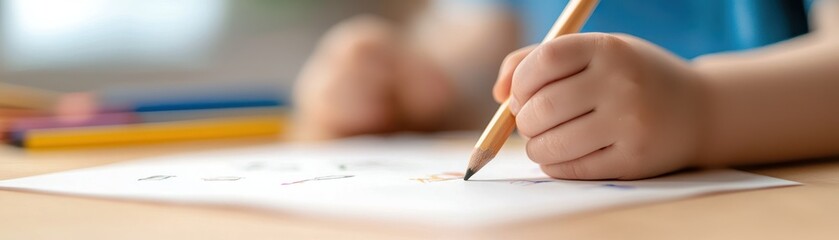 Child drawing with colored pencils on a table with vibrant colors.