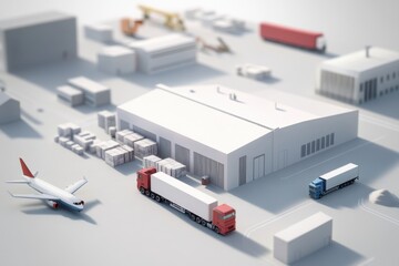 Fototapeta premium Multi-modal logistics system with airplanes, trucks, ships, and trains