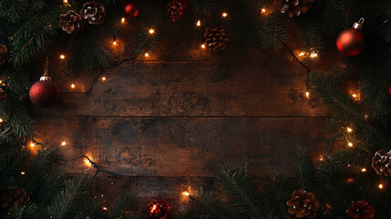 Obraz premium Festive Christmas decorations featuring ornaments and pine cones on wooden table