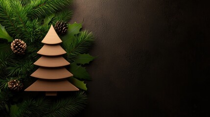 Christmas tree decoration with pine cones on dark background.